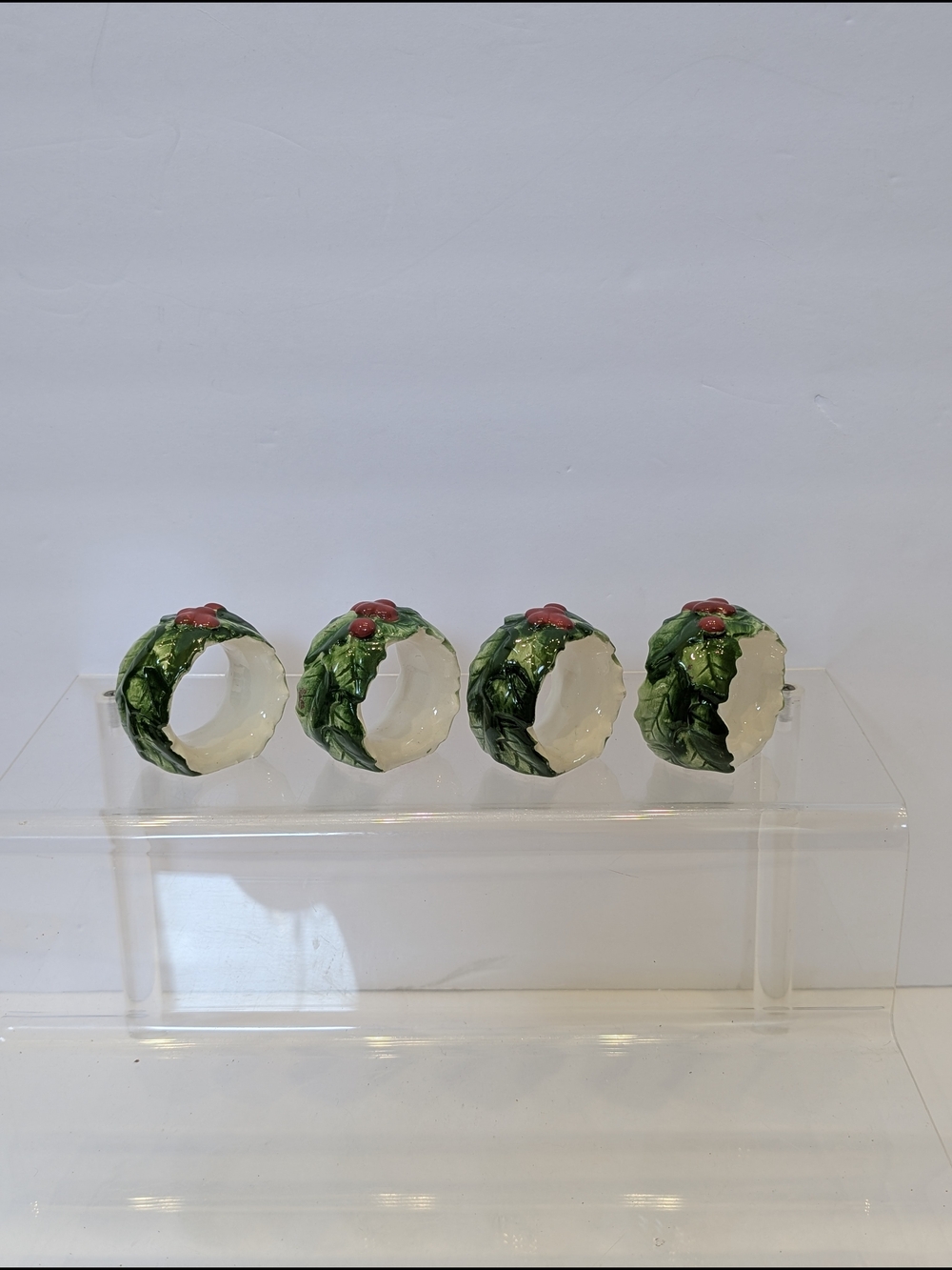 Set of 4 Holiday Holly Napkin Rings - Green with Red Berries
